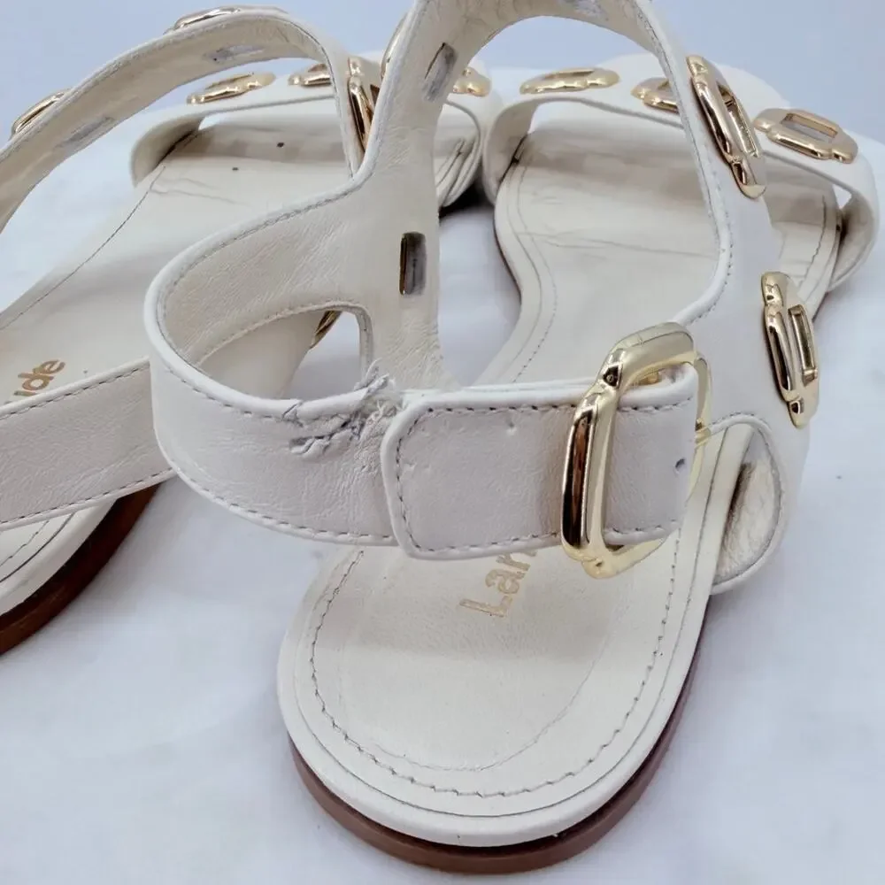 Larroudé Milan Flat Sandal Ivory Leather Gold Chain Size 8.5